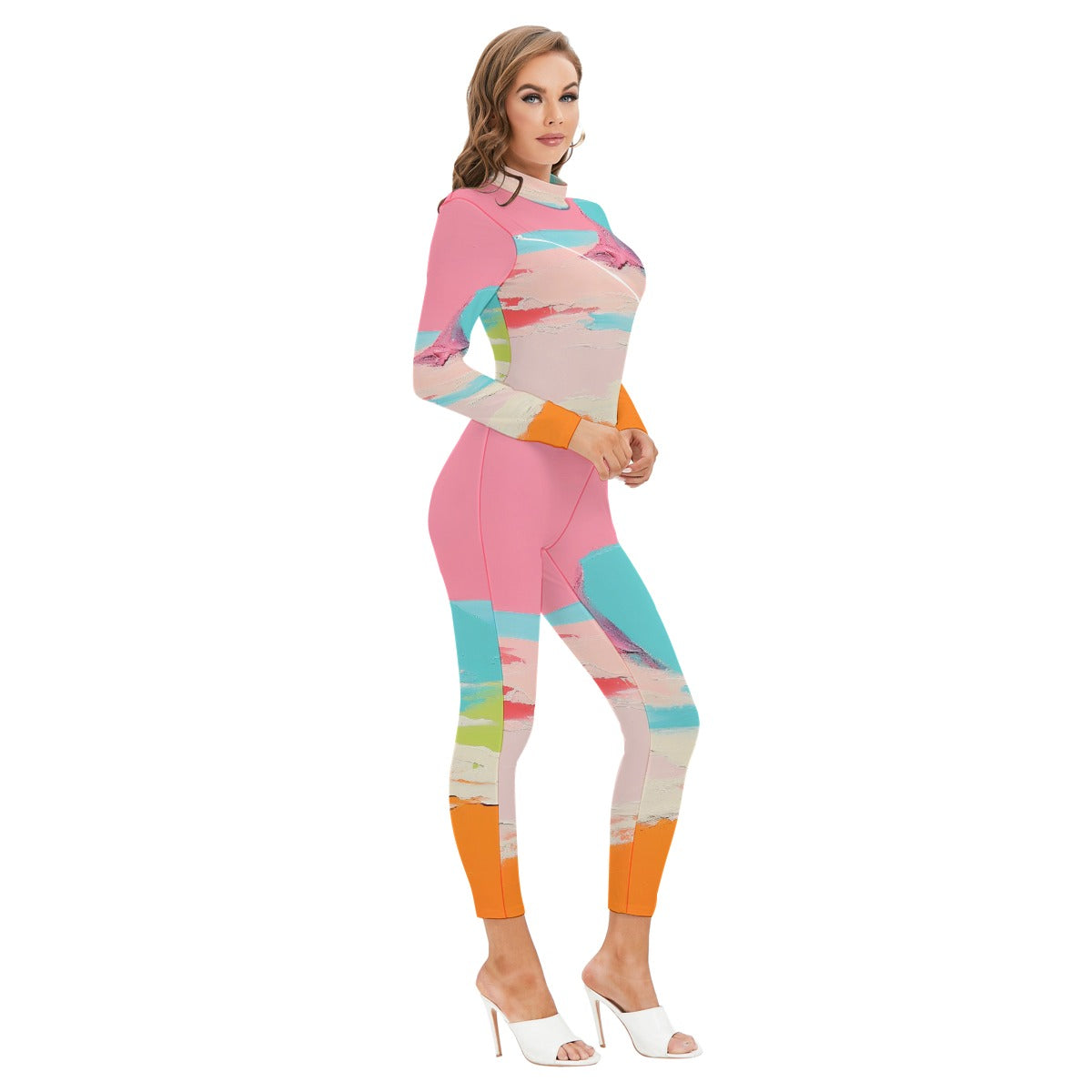 All-Over Print Women's Long-sleeved High-neck Jumpsuit With Zipper