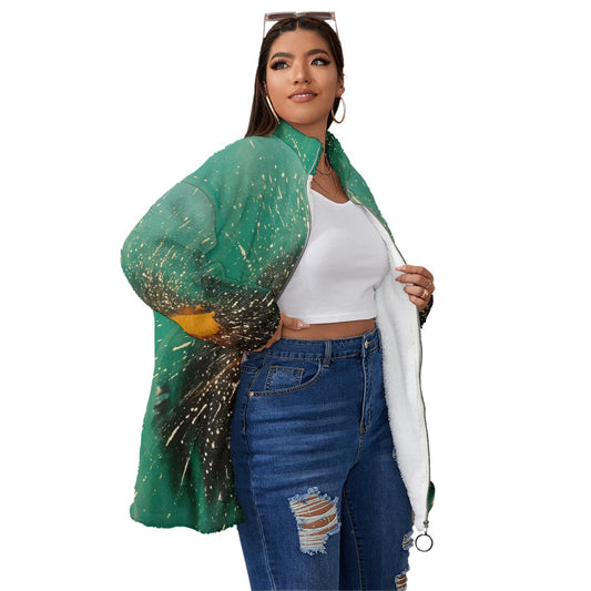 All-Over Print Unisex Borg Fleece Stand-up Collar Coat With Zipper Closure(Plus Size)