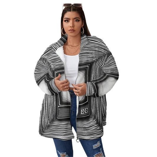 All-Over Print Unisex Borg Fleece Stand-up Collar Coat With Zipper Closure(Plus Size)
