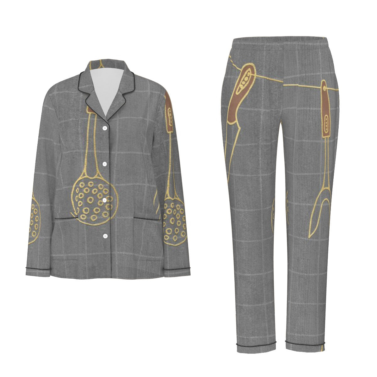 All-Over Print Women's Long Sleeve Pajama Set With Black Contrast Piping