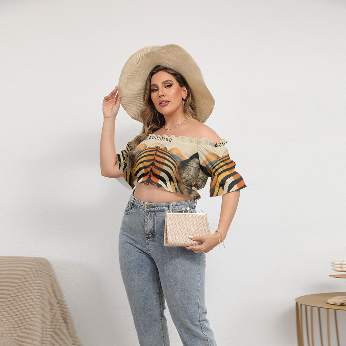 All-Over Print Women's Off-shoulder Cropped Top With Short Puff Sleeve