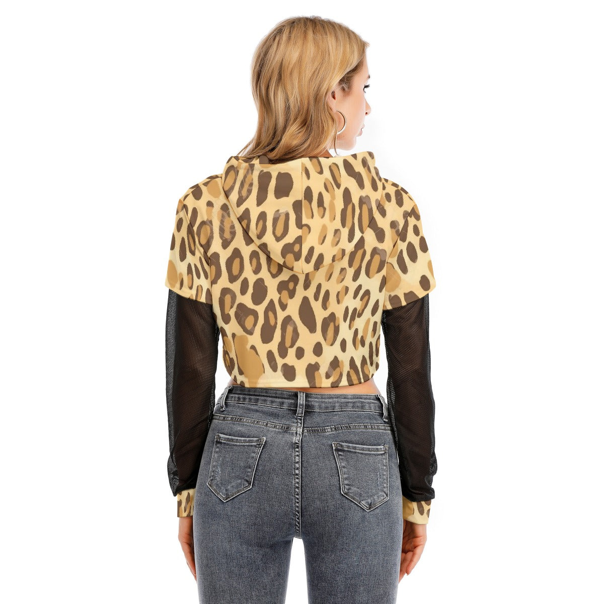 All-Over Print Women's Fake Two-piece Mesh Sleeve Cropped Hoodie