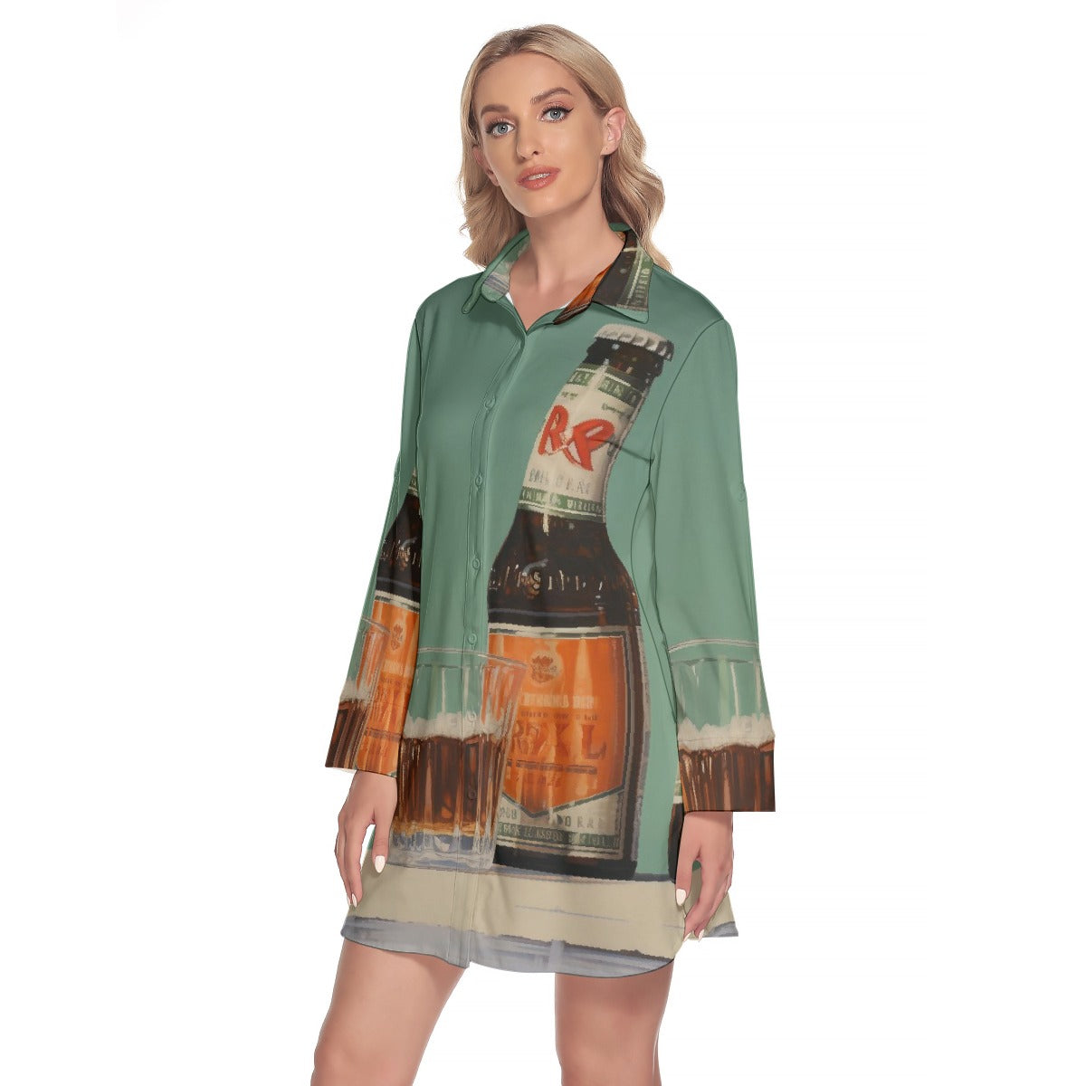 All-Over Print Women's Lapel Shirt Dress With Long Sleeve
