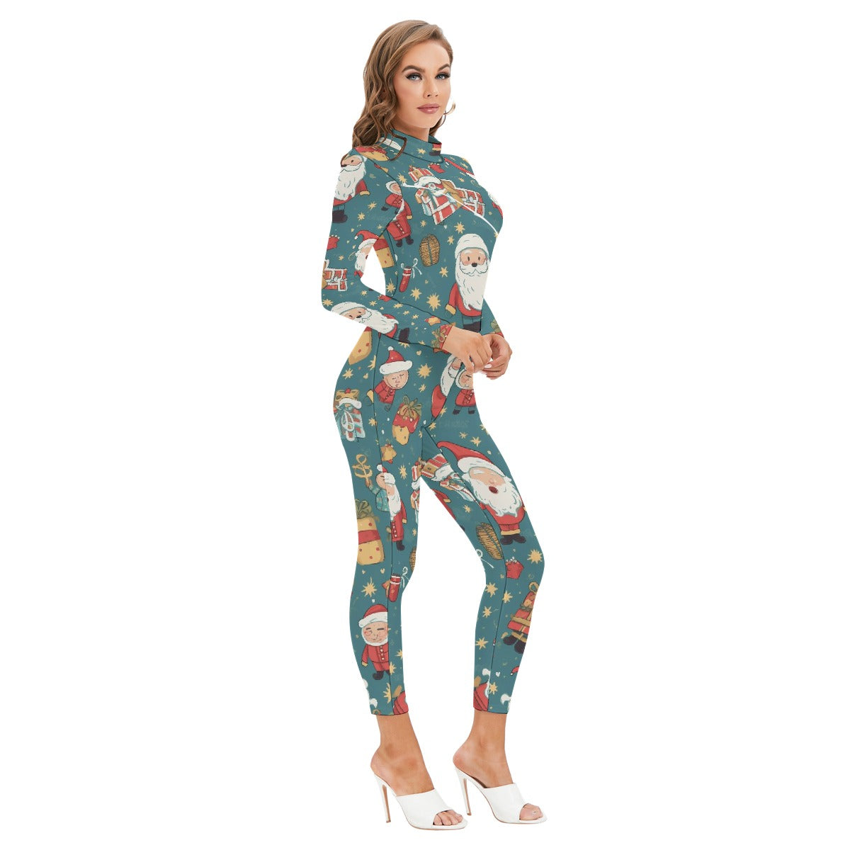 All-Over Print Women's Long-sleeved High-neck Jumpsuit With Zipper