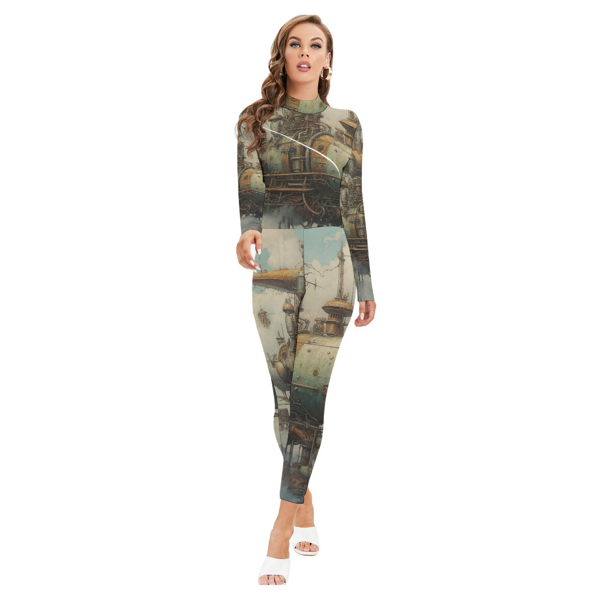 All-Over Print Women's Long-sleeved High-neck Jumpsuit With Zipper