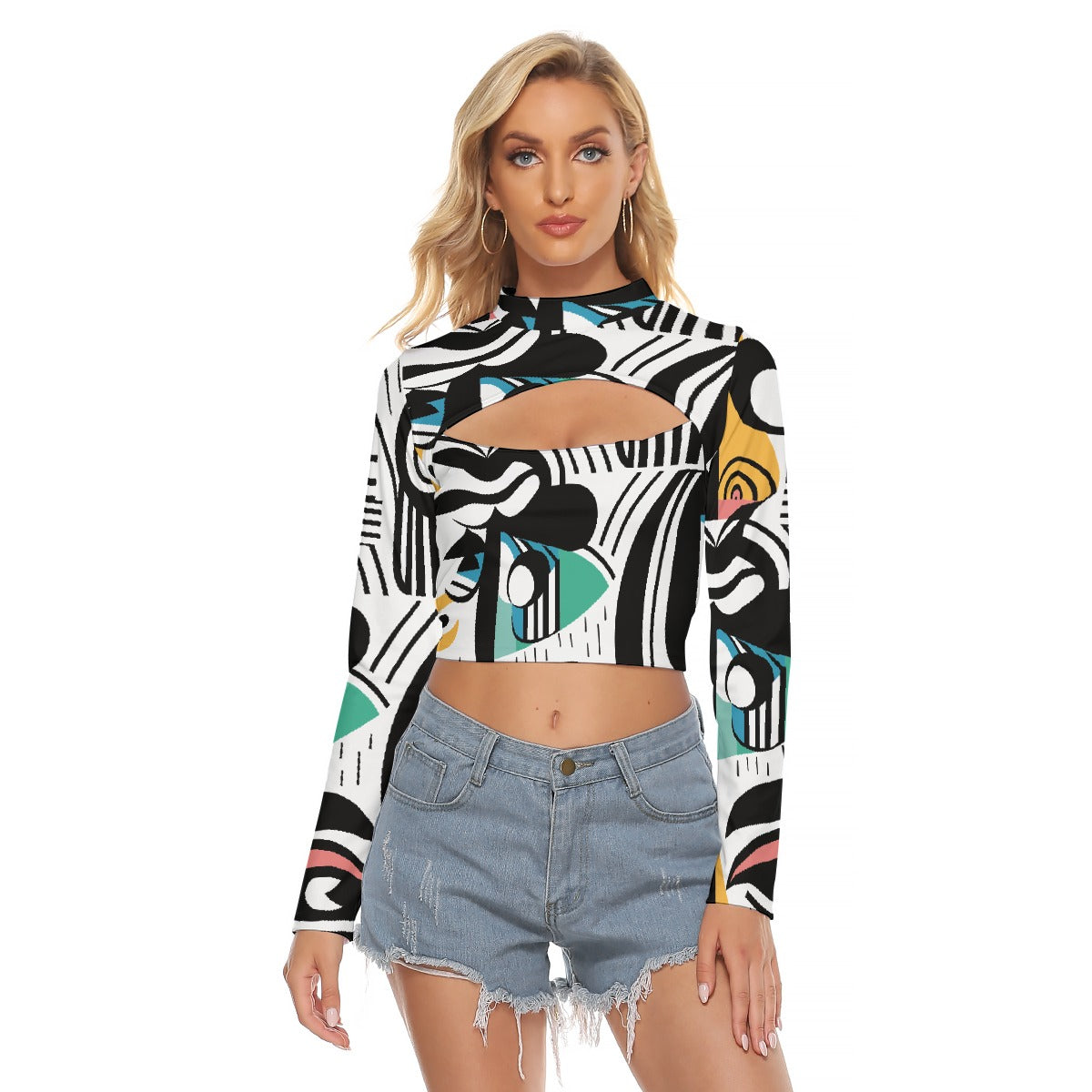 All-Over Print Women's Hollow Chest Keyhole Tight Crop Top