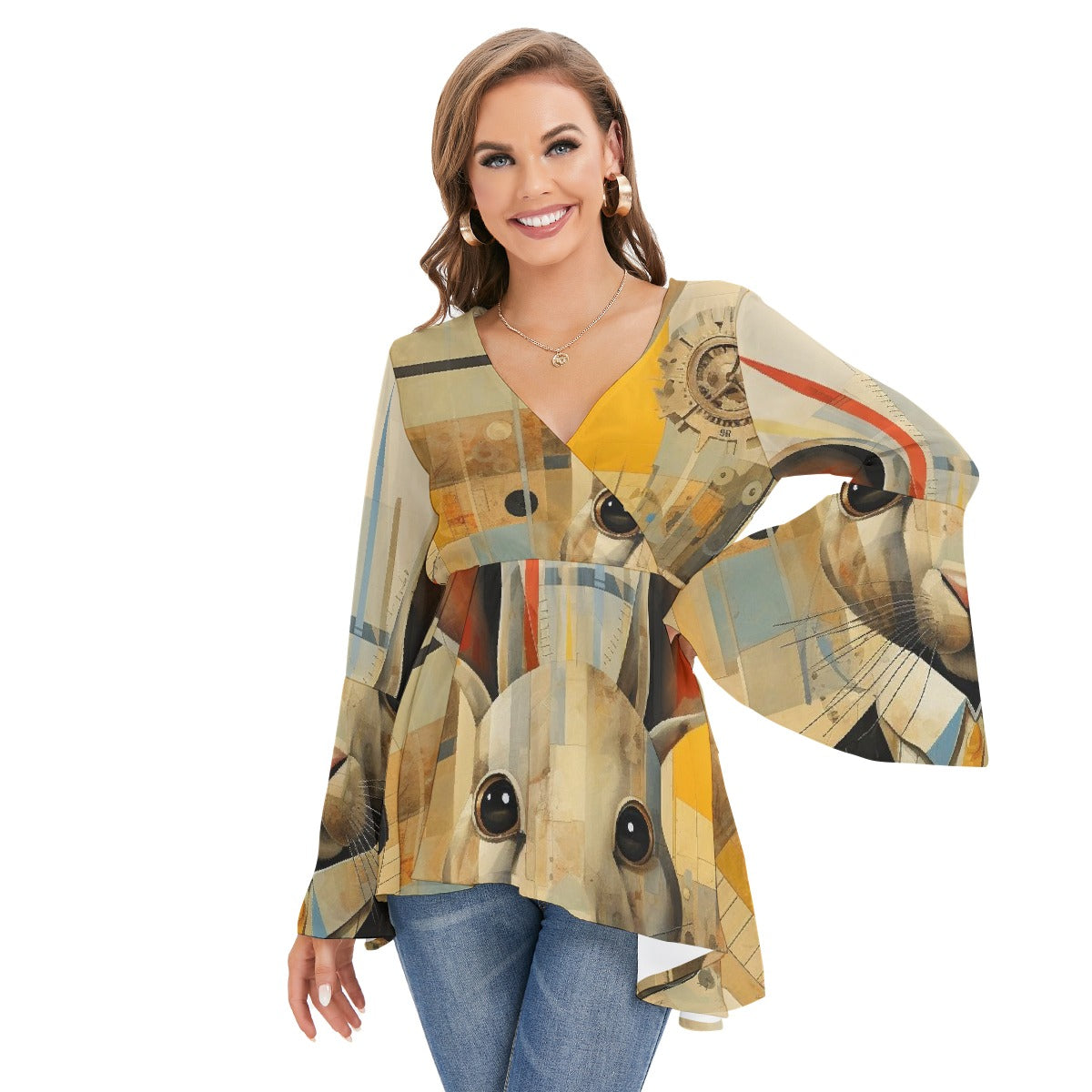 All-Over Print Women's V-neck Blouse With Flared Sleeves