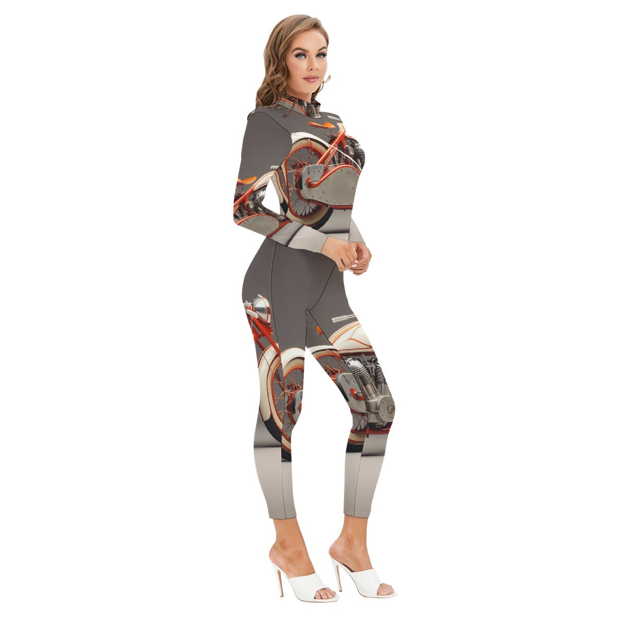 All-Over Print Women's Long-sleeved High-neck Jumpsuit With Zipper