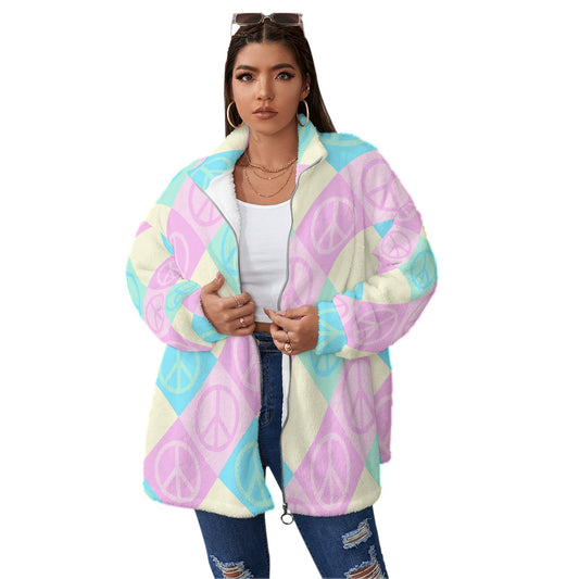 All-Over Print Unisex Borg Fleece Stand-up Collar Coat With Zipper Closure(Plus Size)