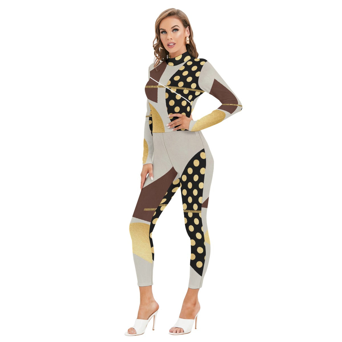 All-Over Print Women's Long-sleeved High-neck Jumpsuit With Zipper