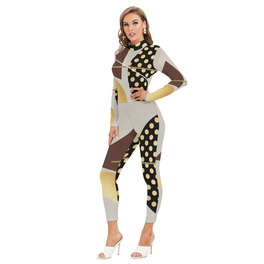 All-Over Print Women's Long-sleeved High-neck Jumpsuit With Zipper