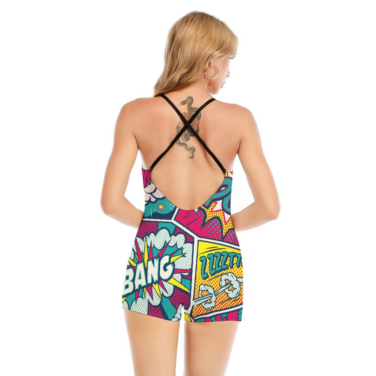 All-Over Print Women's Backless Romper With Black Straps