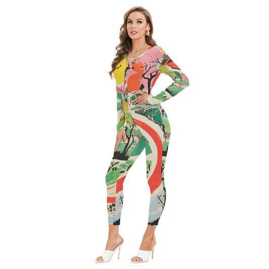 All-Over Print Women's Plunging Neck Jumpsuit