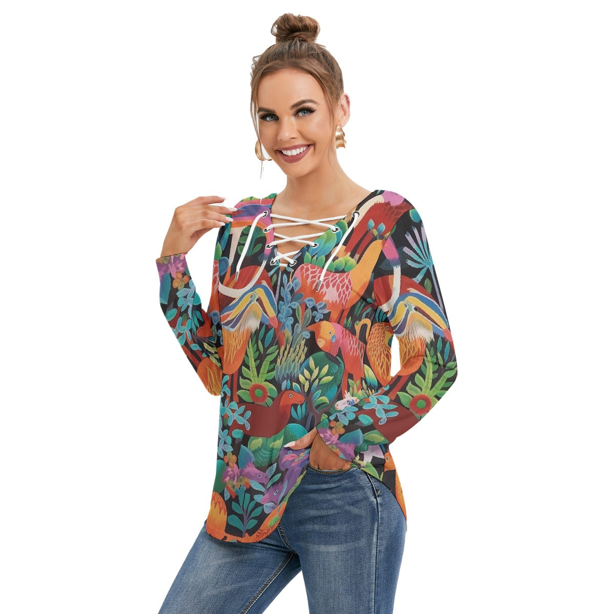All-Over Print Women's Long Sleeve Neckline Tie Sweatshirt