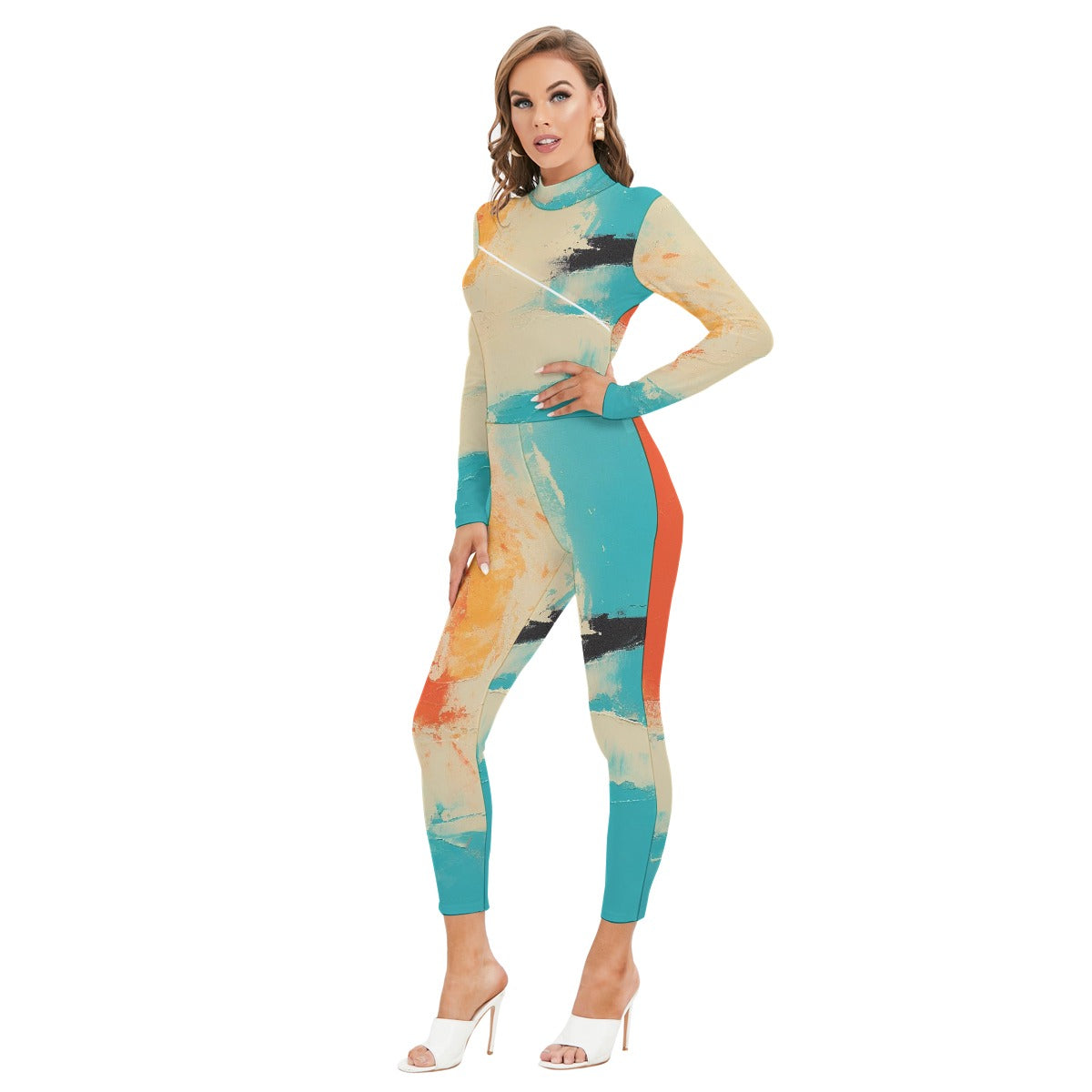 All-Over Print Women's Long-sleeved High-neck Jumpsuit With Zipper