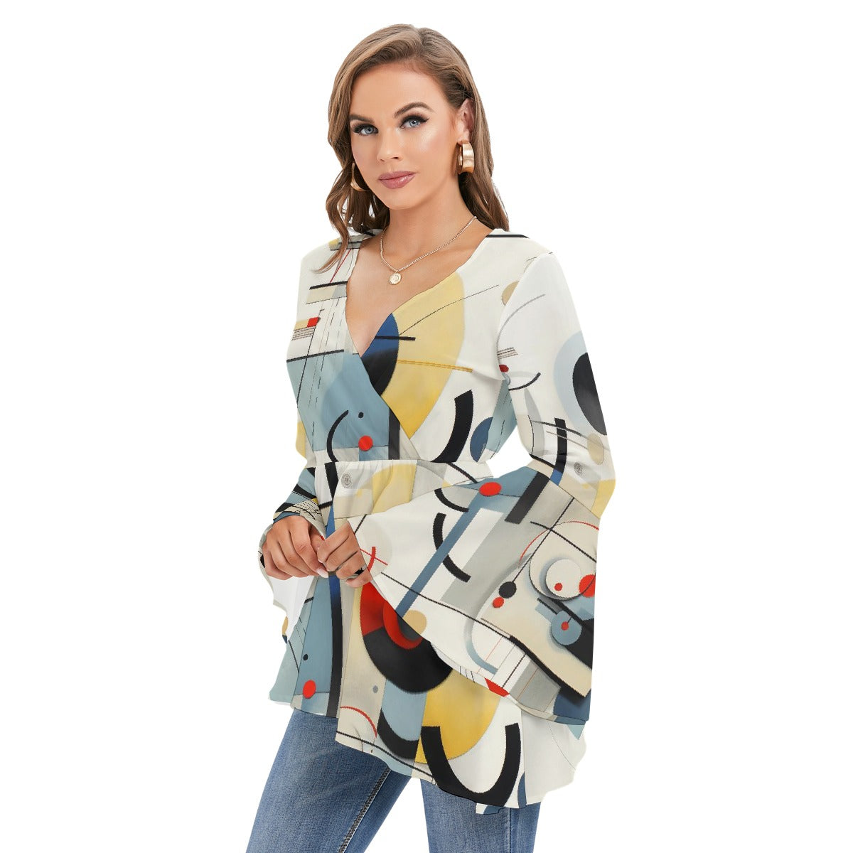 All-Over Print Women's V-neck Blouse With Flared Sleeves