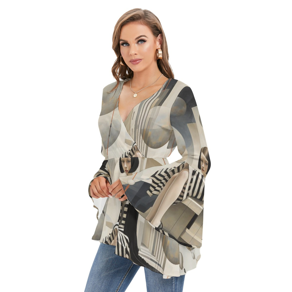 All-Over Print Women's V-neck Blouse With Flared Sleeves