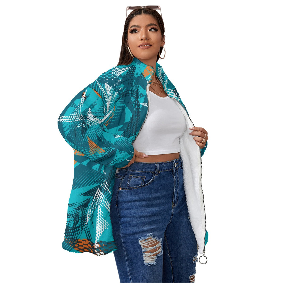 All-Over Print Unisex Borg Fleece Stand-up Collar Coat With Zipper Closure(Plus Size)