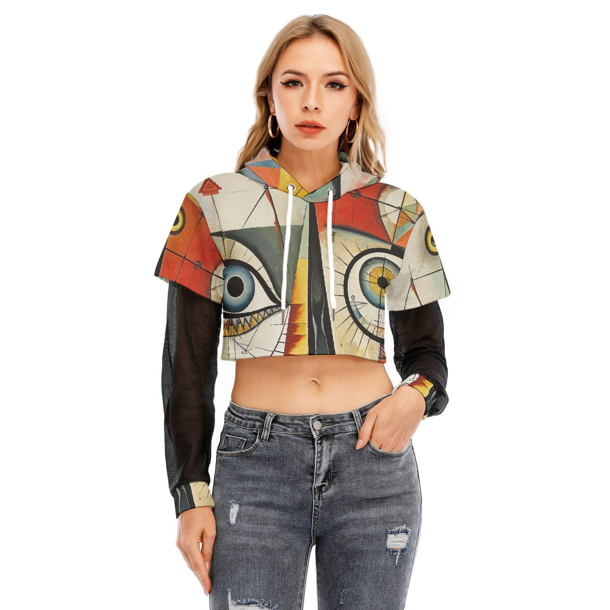 All-Over Print Women's Fake Two-piece Mesh Sleeve Cropped Hoodie