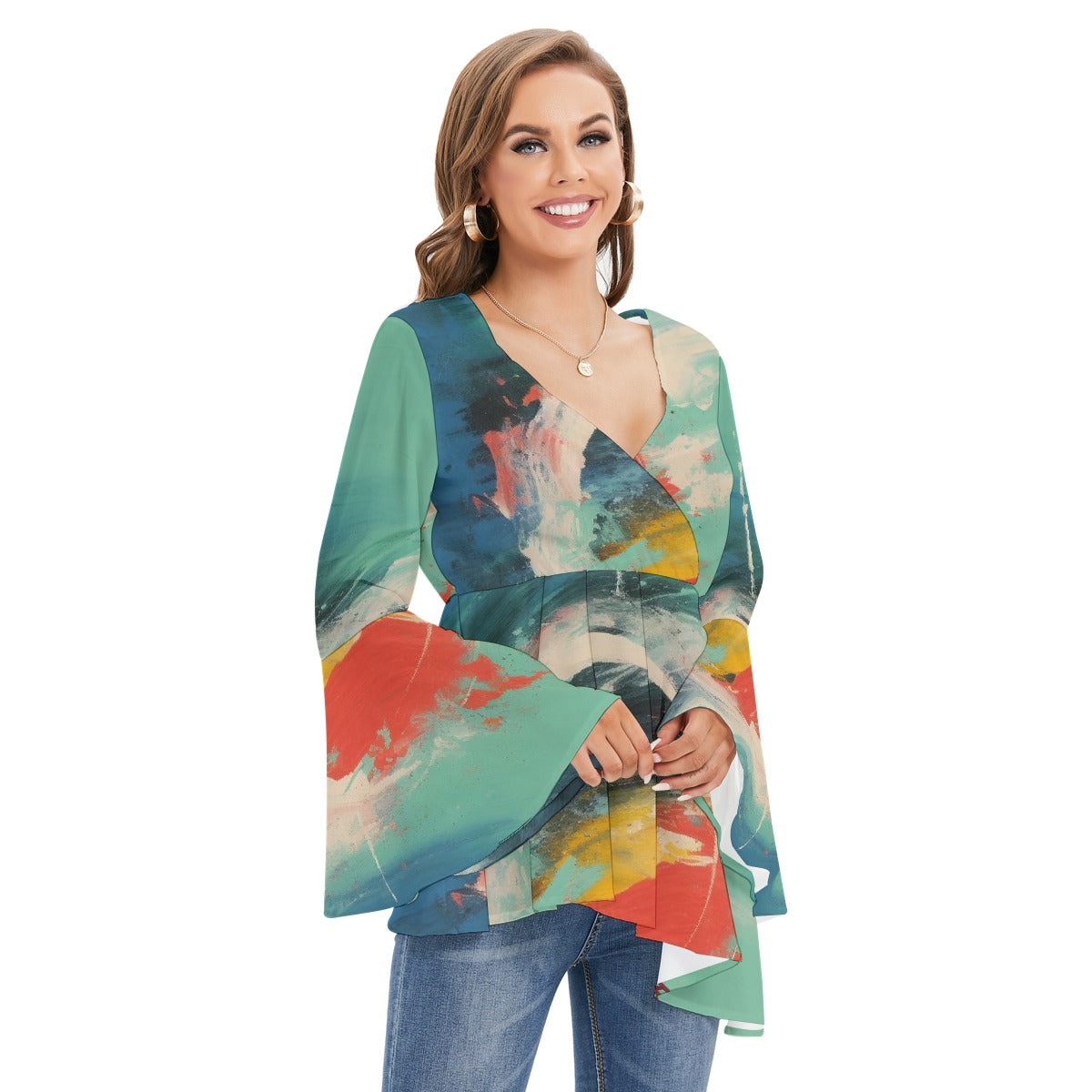 All-Over Print Women's V-neck Blouse With Flared Sleeves