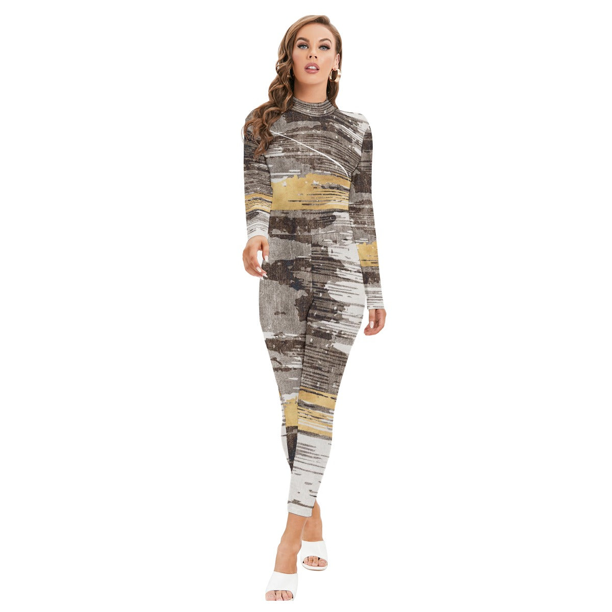 All-Over Print Women's Long-sleeved High-neck Jumpsuit With Zipper