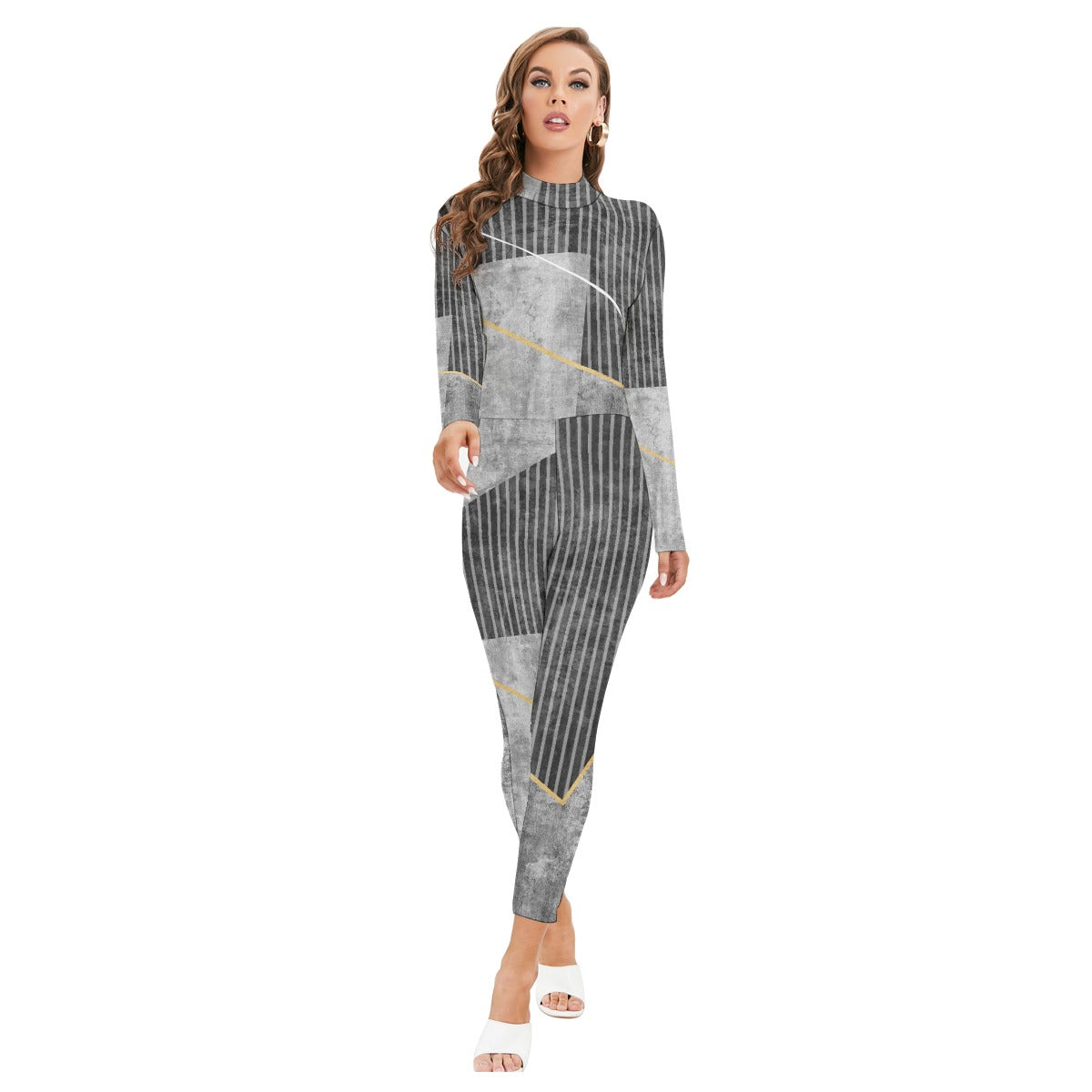 All-Over Print Women's Long-sleeved High-neck Jumpsuit With Zipper