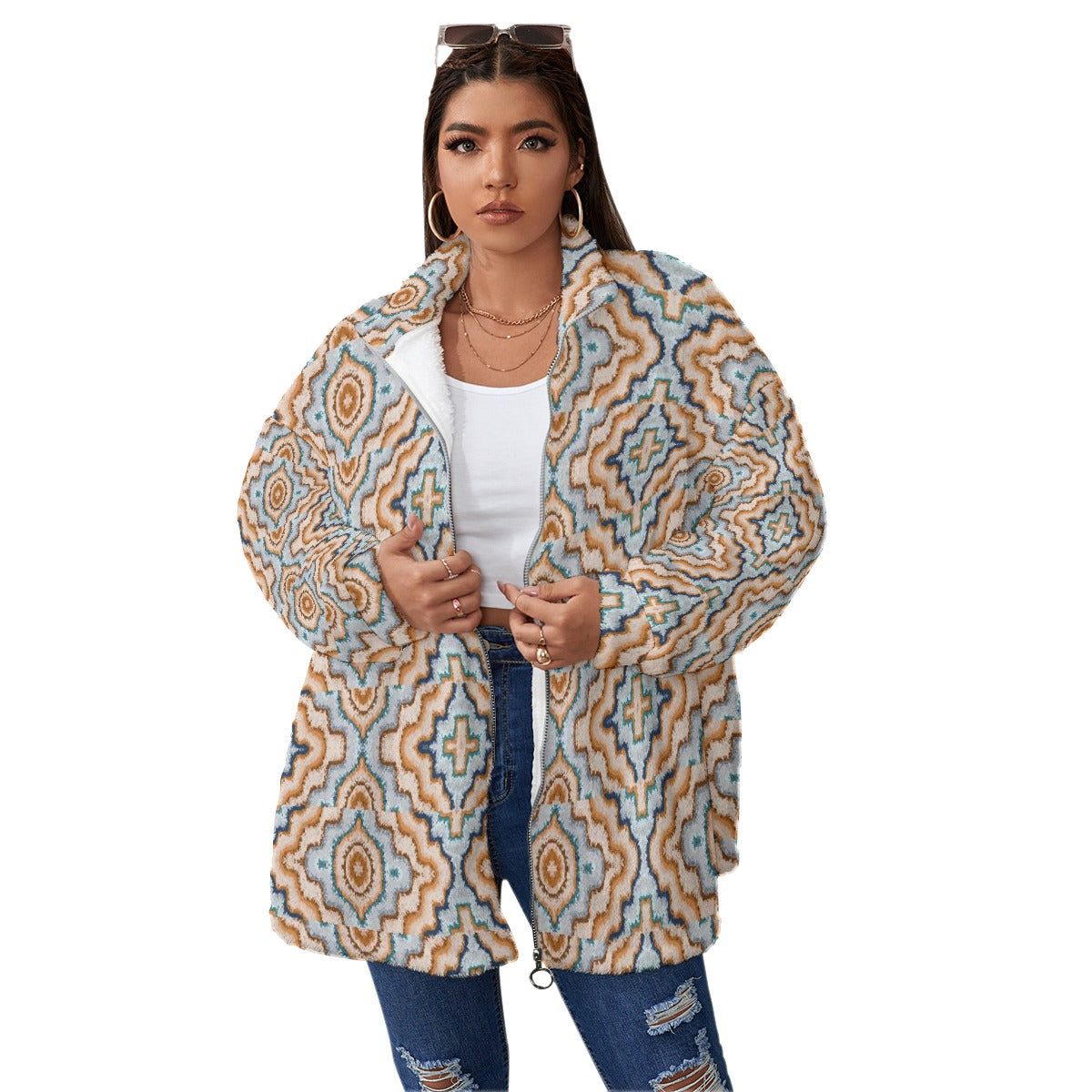 All-Over Print Unisex Borg Fleece Stand-up Collar Coat With Zipper Closure(Plus Size)