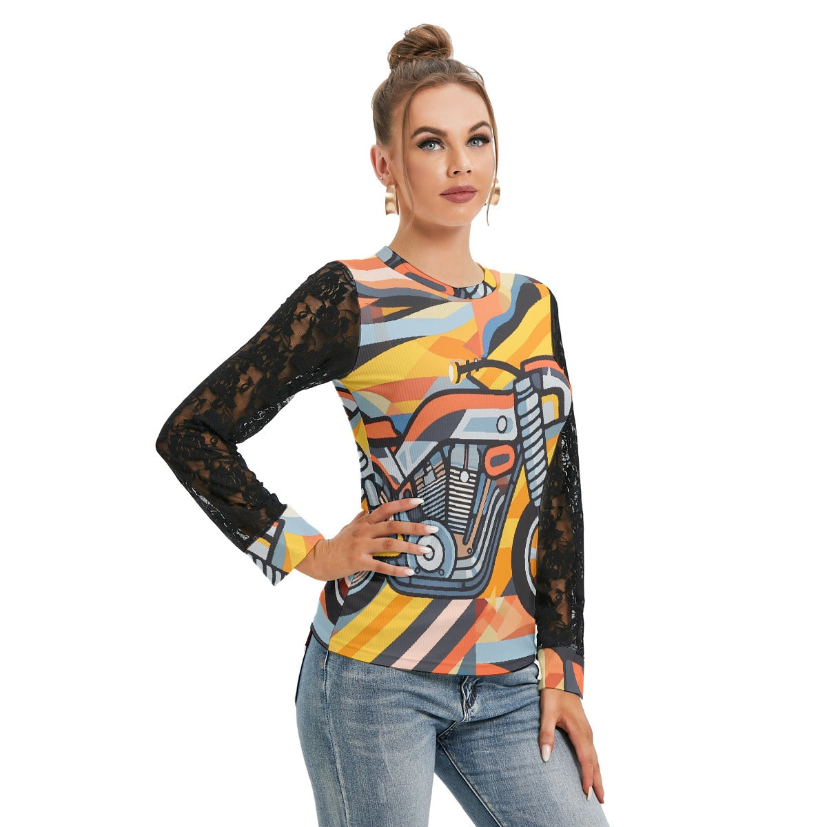 All-Over Print Women's T-shirt And Sleeve With Black Lace