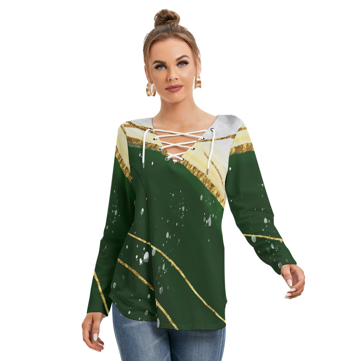 All-Over Print Women's Long Sleeve Neckline Tie Sweatshirt