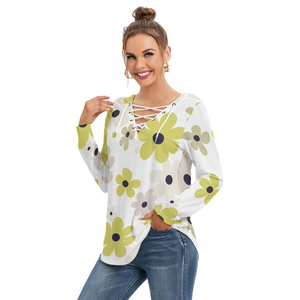 All-Over Print Women's Long Sleeve Neckline Tie Sweatshirt