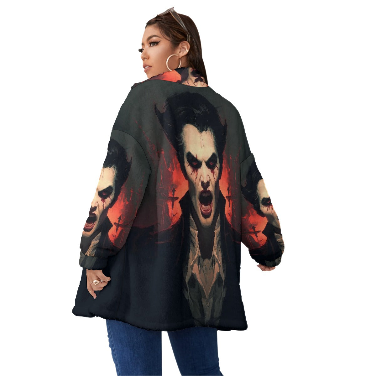 All-Over Print Unisex Borg Fleece Stand-up Collar Coat With Zipper Closure(Plus Size)