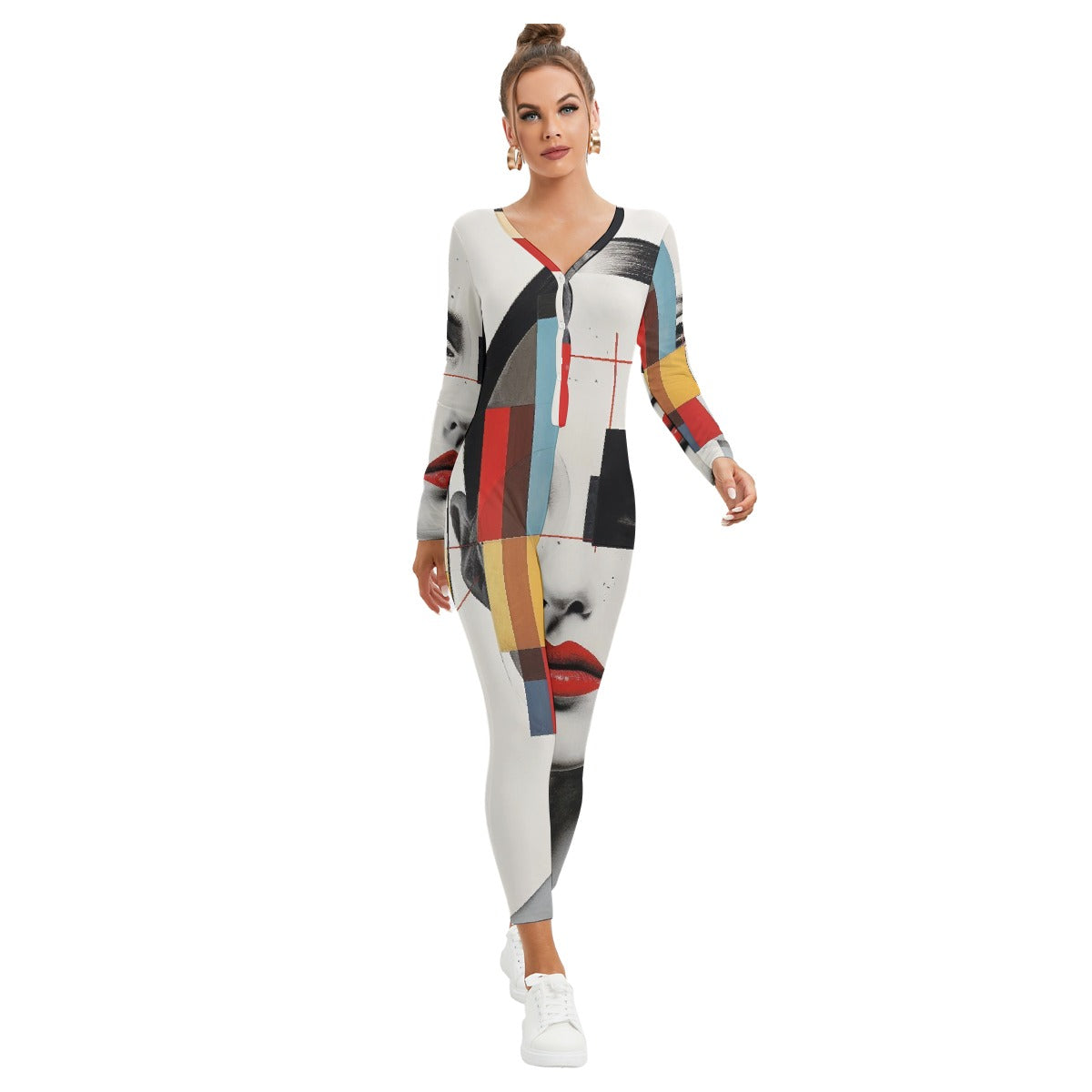 All-Over Print Women's Plunging Neck Jumpsuit