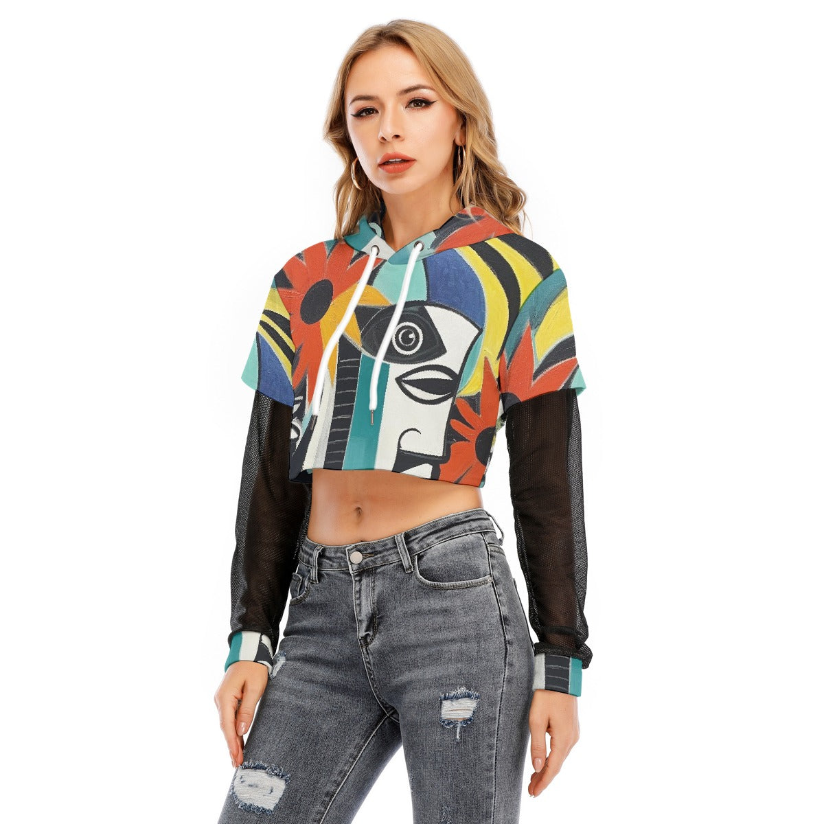 All-Over Print Women's Fake Two-piece Mesh Sleeve Cropped Hoodie