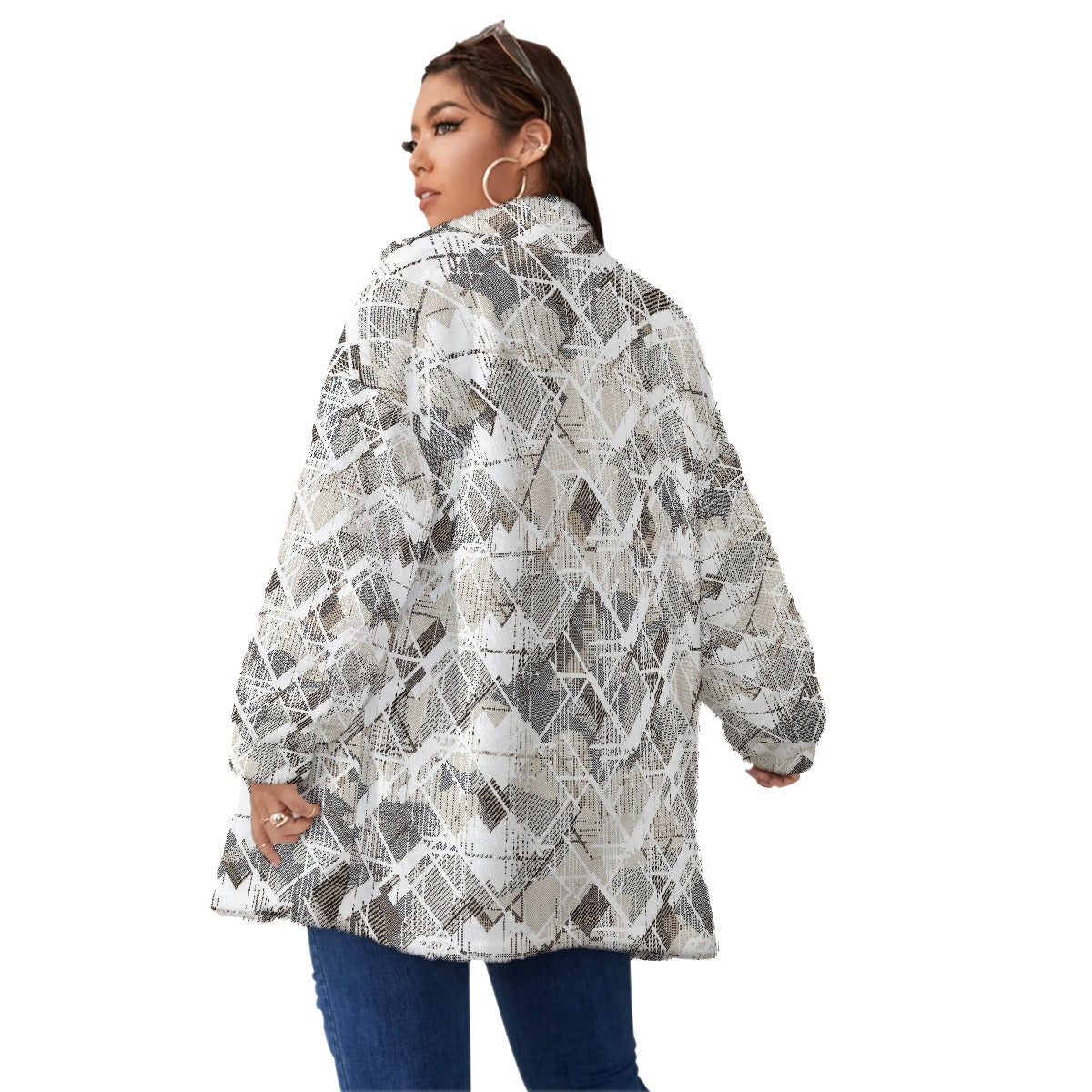 All-Over Print Unisex Borg Fleece Stand-up Collar Coat With Zipper Closure(Plus Size)