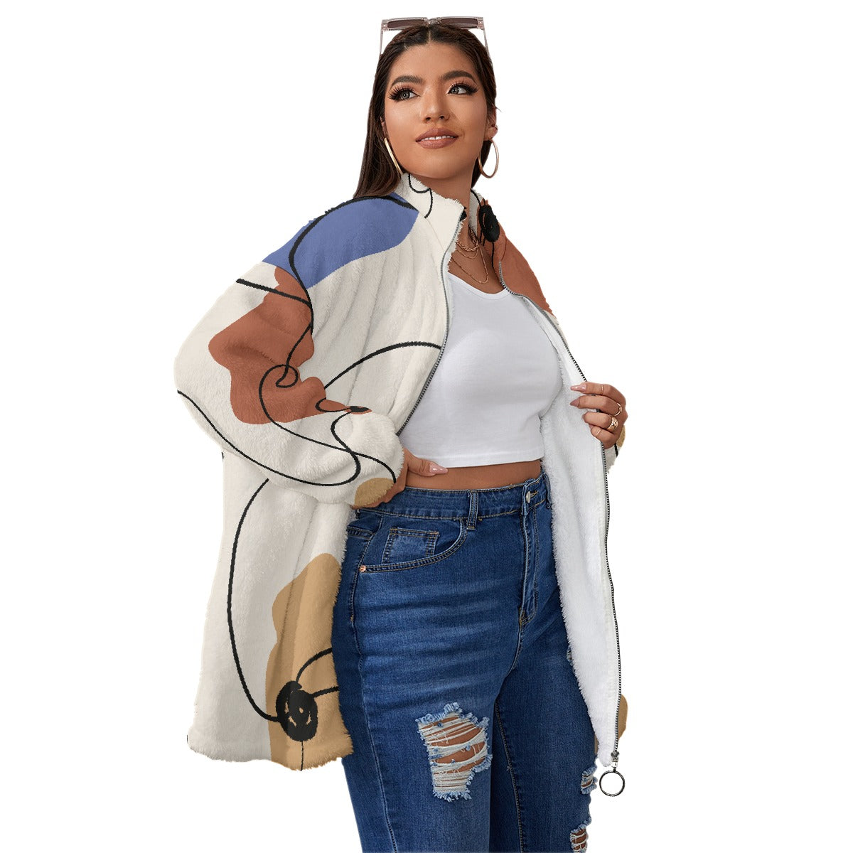 All-Over Print Unisex Borg Fleece Stand-up Collar Coat With Zipper Closure(Plus Size)