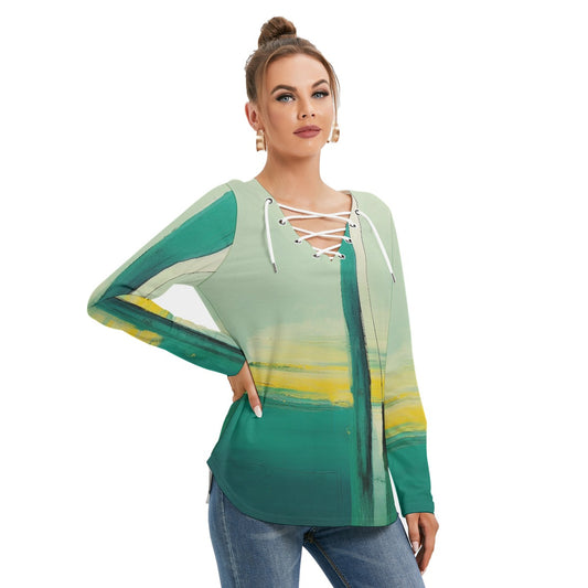 All-Over Print Women's Long Sleeve Neckline Tie Sweatshirt