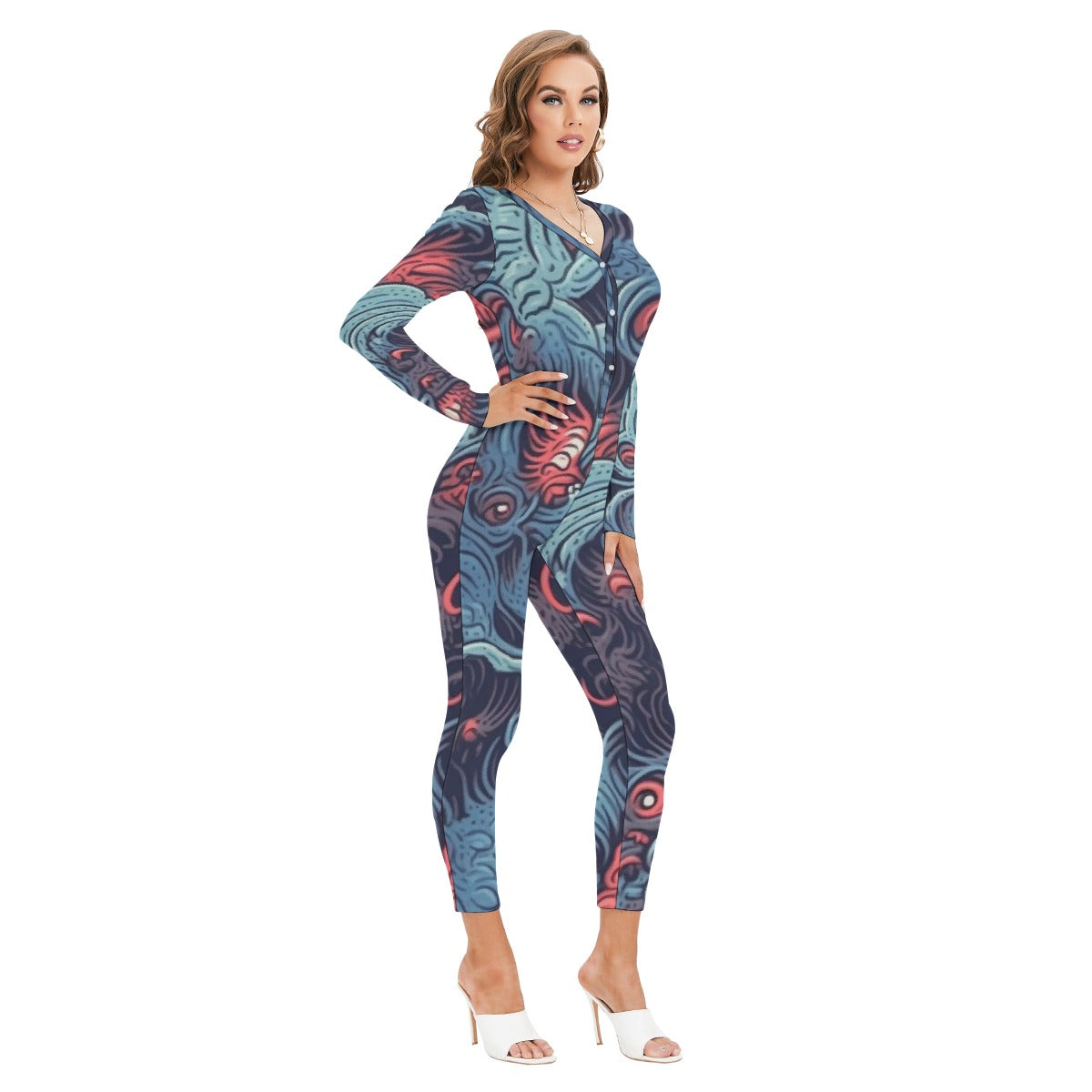 All-Over Print Women's Plunging Neck Jumpsuit