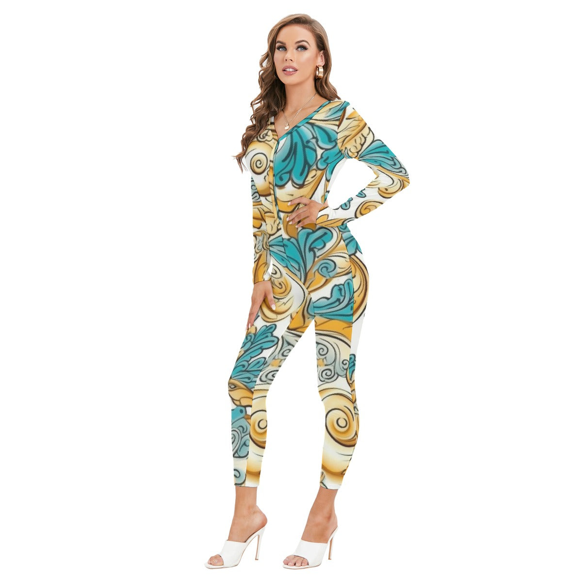 All-Over Print Women's Plunging Neck Jumpsuit