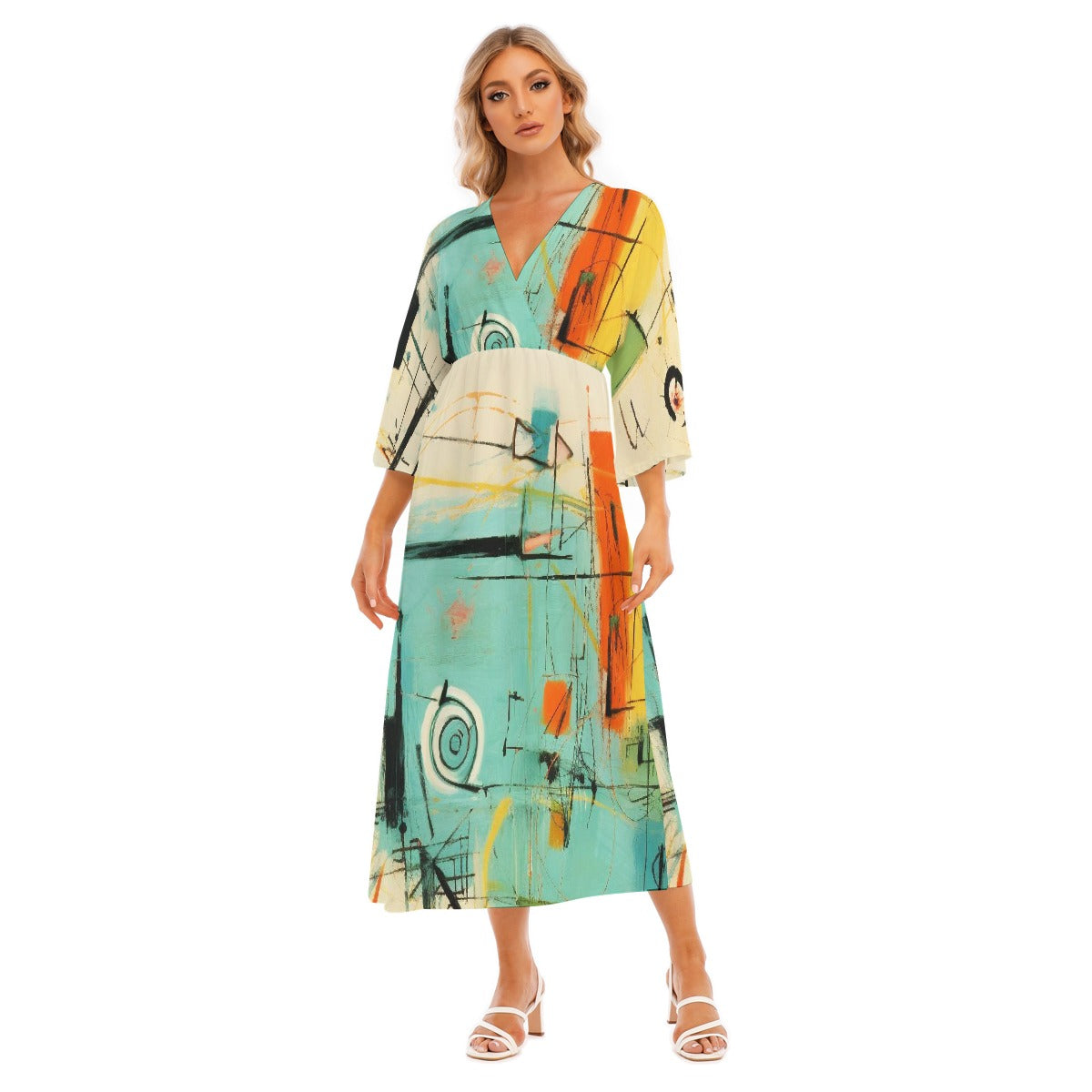 All-Over Print Women's Mid-Sleeve Long Dress