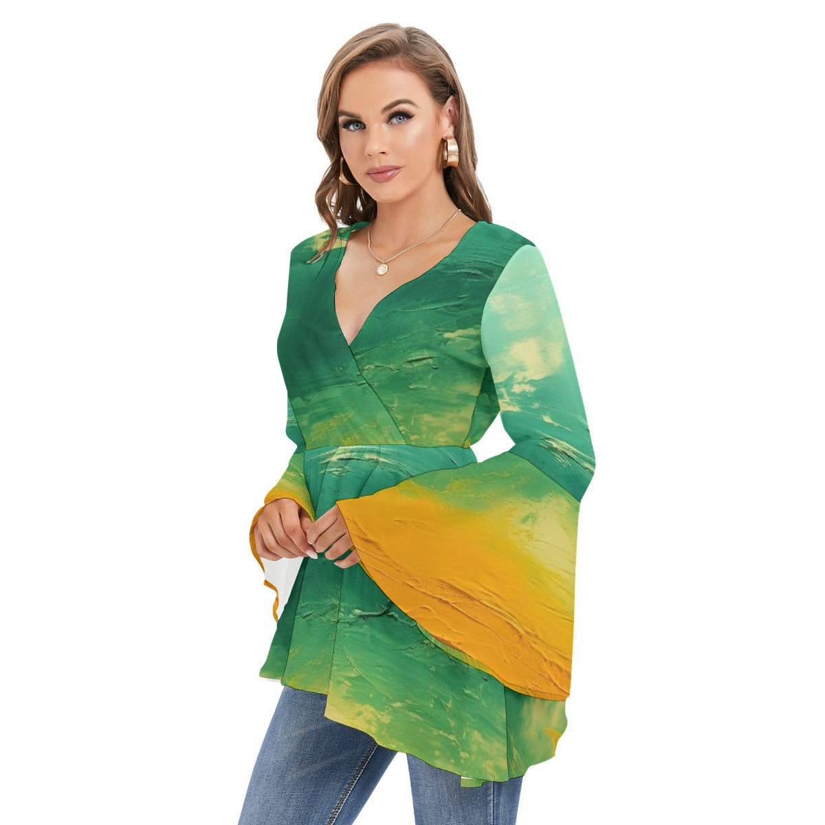 All-Over Print Women's V-neck Blouse With Flared Sleeves