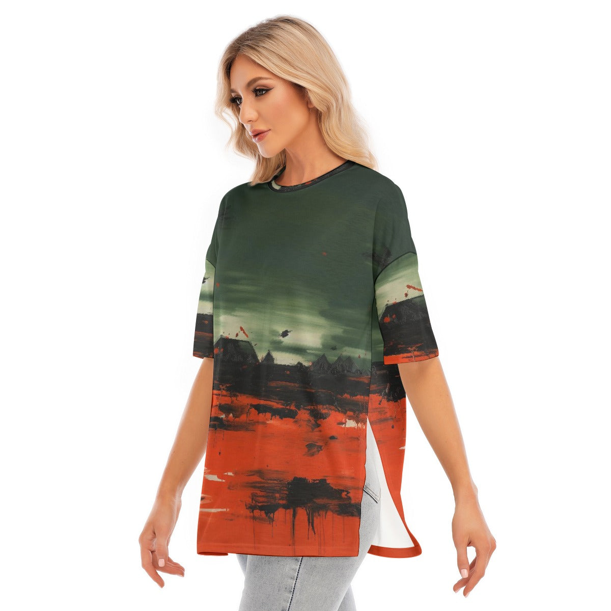 All-Over Print Women's Short Sleeves T-shirt With Hem Split