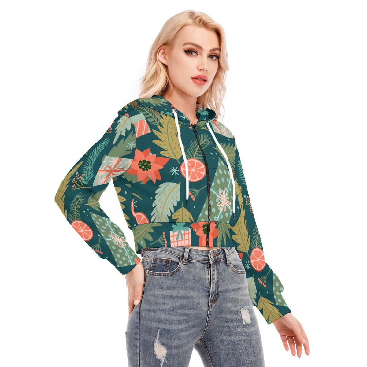 All-Over Print Women's Crop Top Hoodie With Zipper Closure