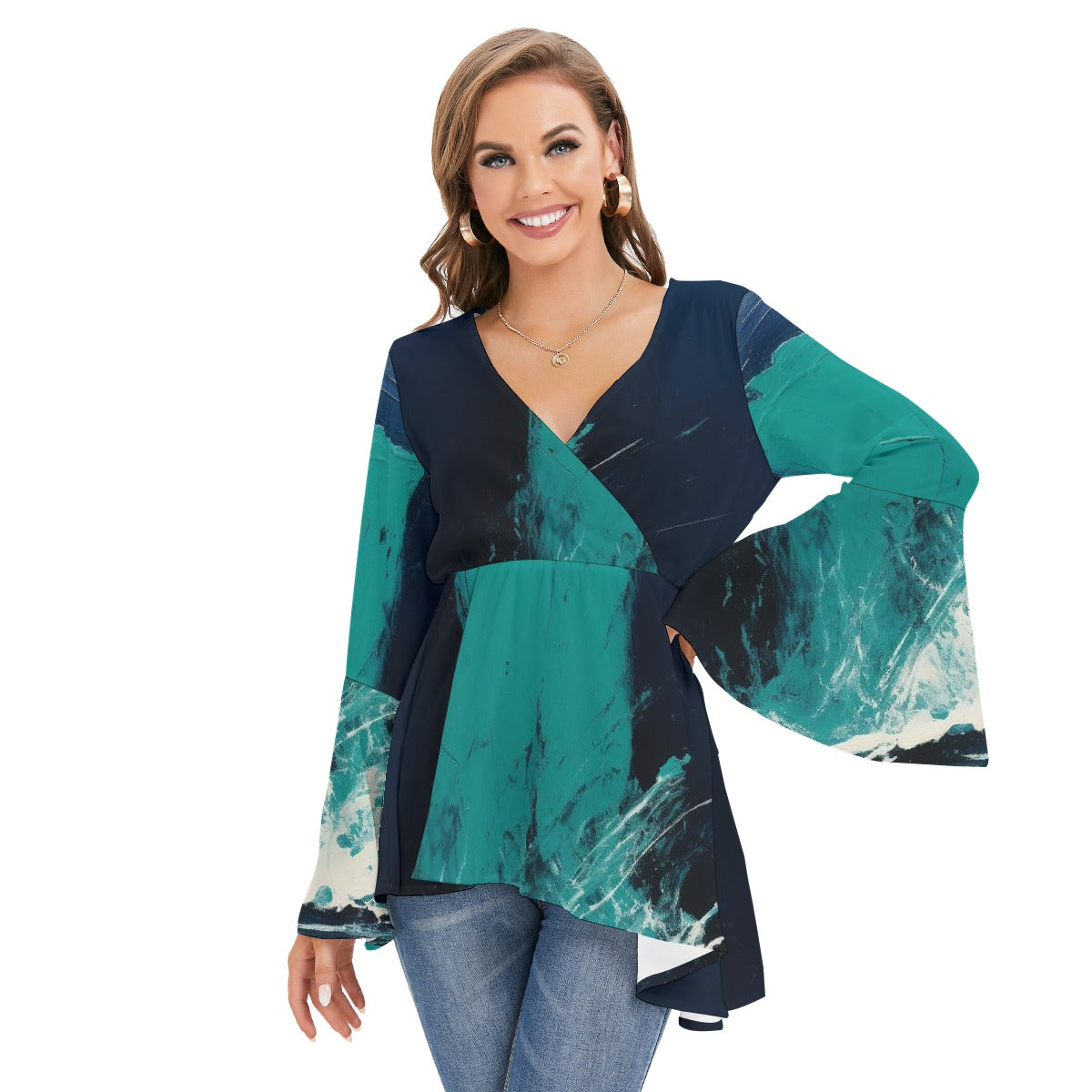 All-Over Print Women's V-neck Blouse With Flared Sleeves