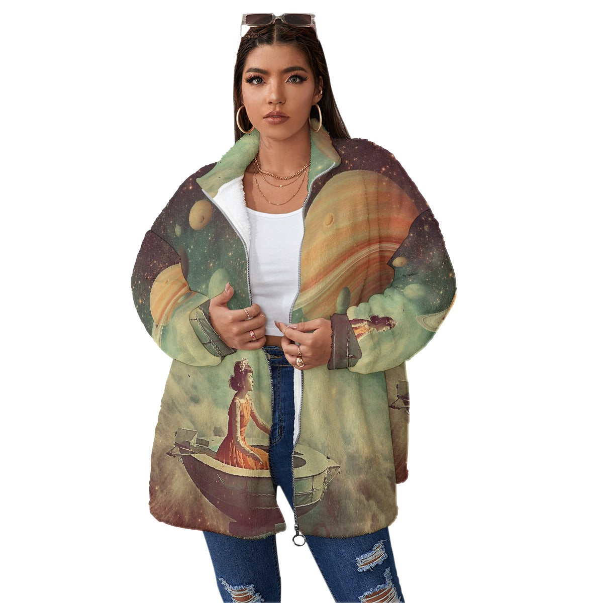 All-Over Print Unisex Borg Fleece Stand-up Collar Coat With Zipper Closure(Plus Size)