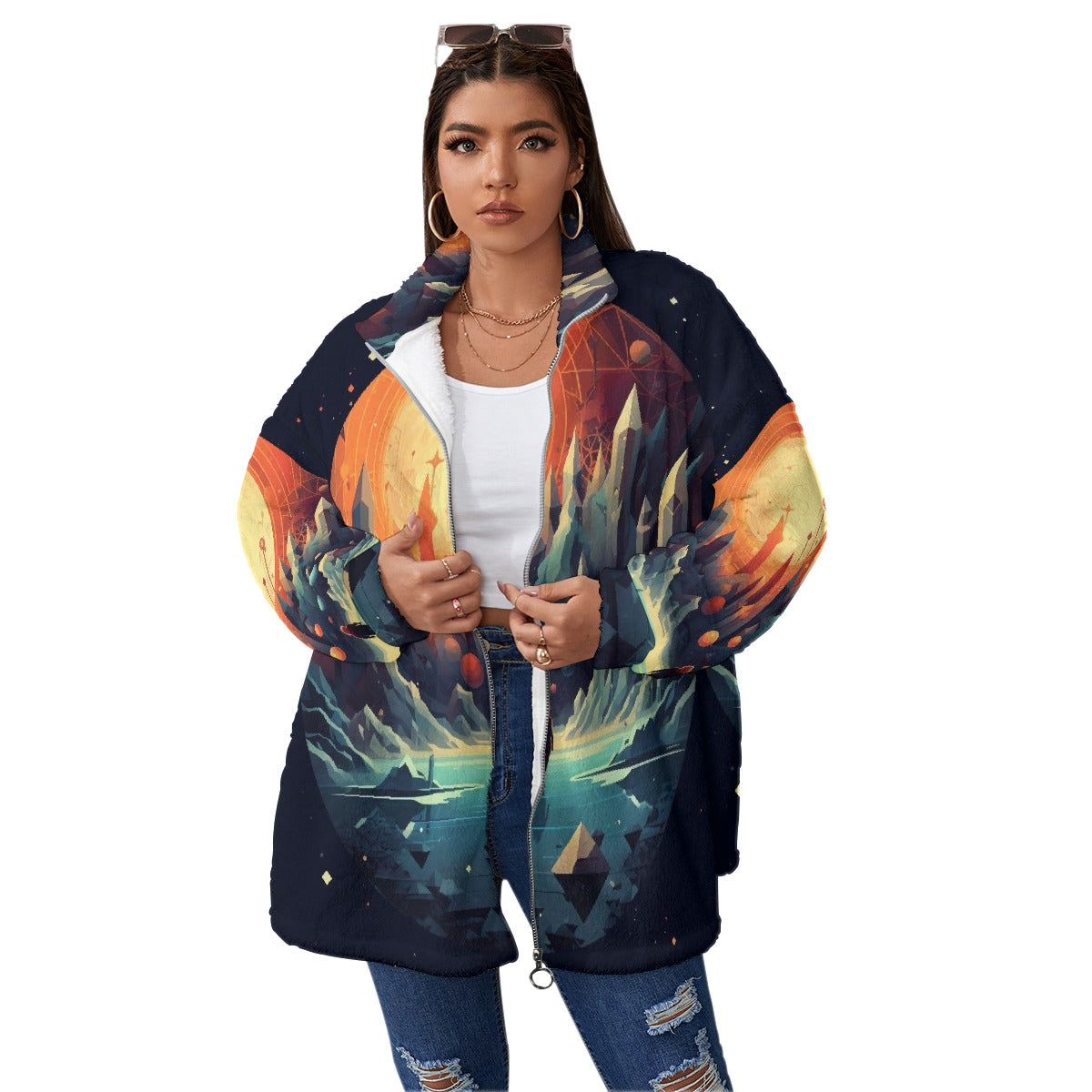 All-Over Print Unisex Borg Fleece Stand-up Collar Coat With Zipper Closure(Plus Size)