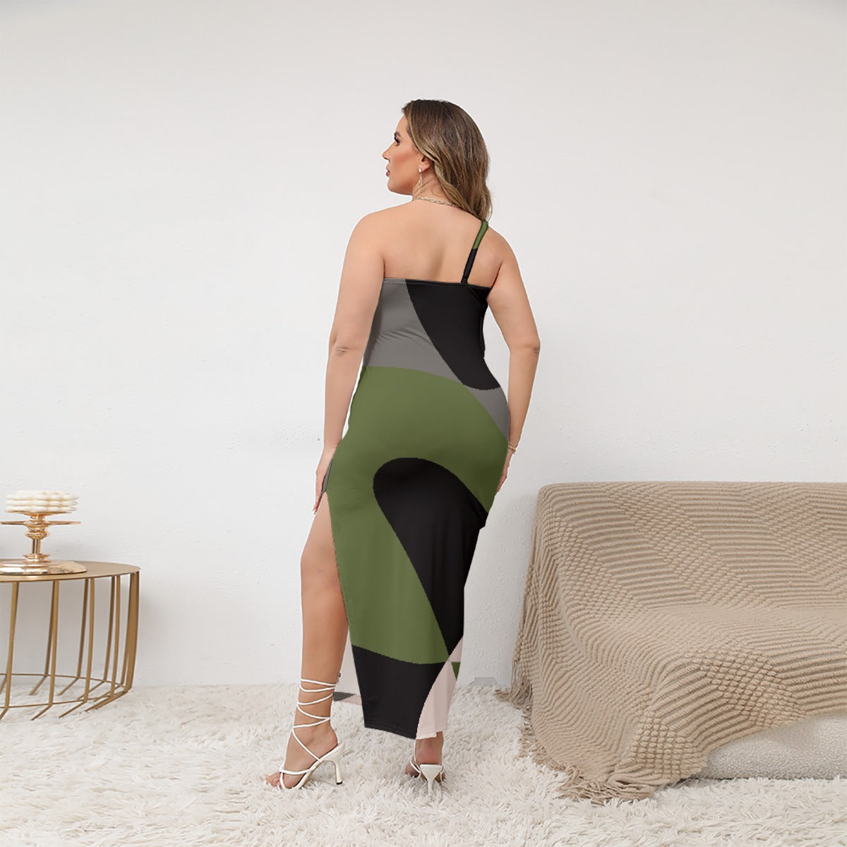 All-Over Print Women's Oblique-Shoulder Exposure Dress With Side Split (Plus Size)