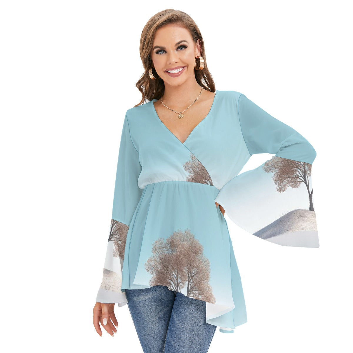 All-Over Print Women's V-neck Blouse With Flared Sleeves
