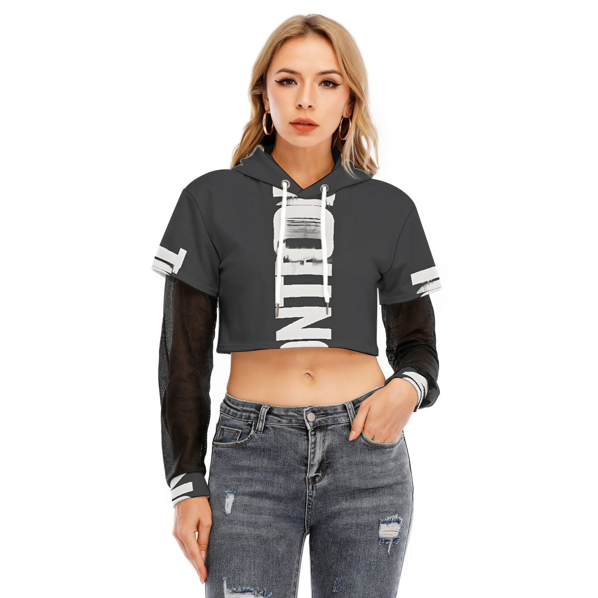 All-Over Print Women's Fake Two-piece Mesh Sleeve Cropped Hoodie