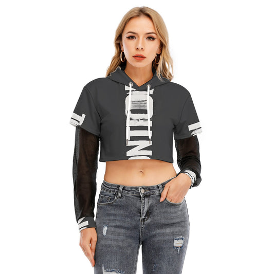 All-Over Print Women's Fake Two-piece Mesh Sleeve Cropped Hoodie