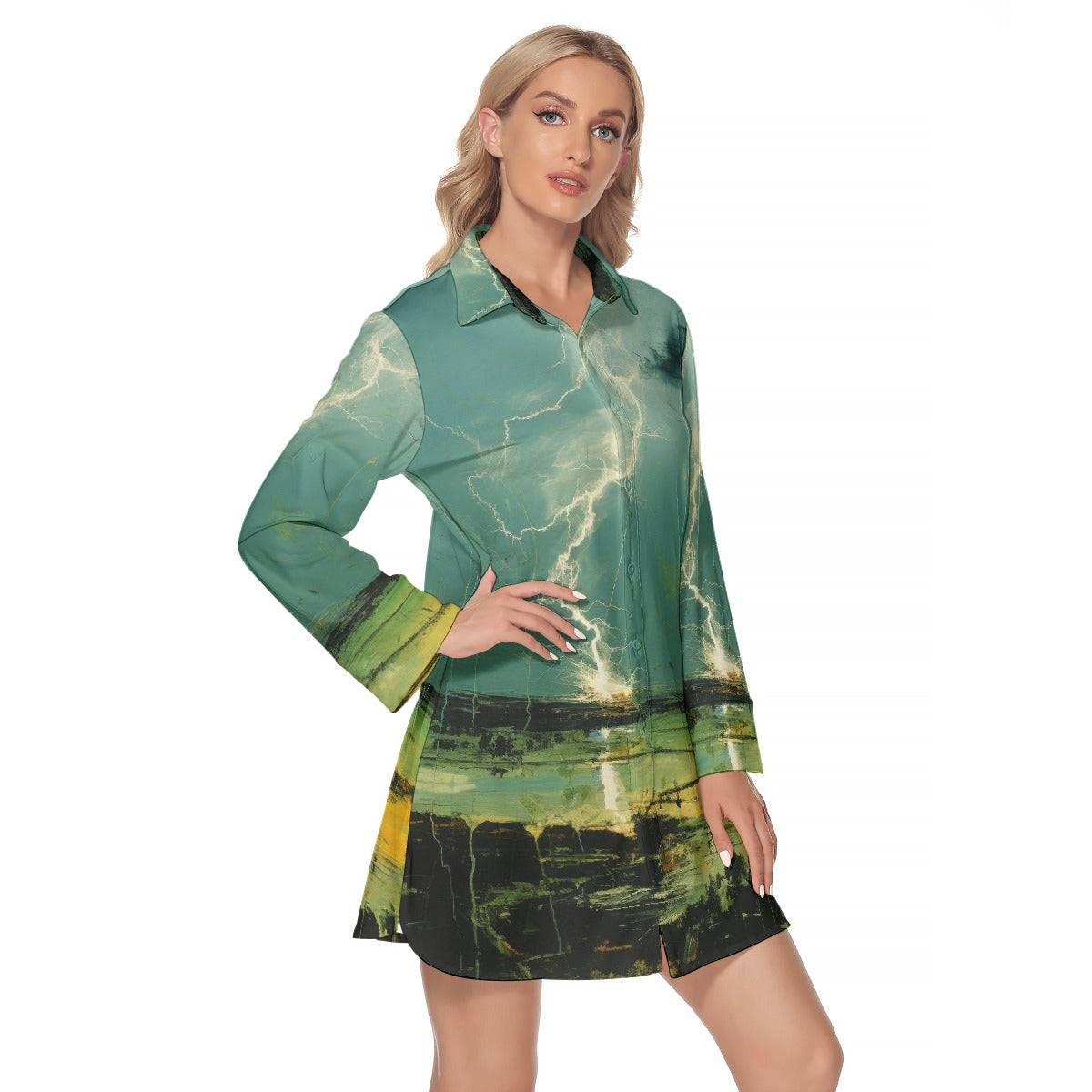 All-Over Print Women's Lapel Shirt Dress With Long Sleeve